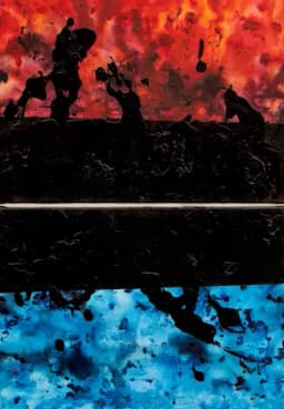 Two paintings, one red another blue whith petrol strokes